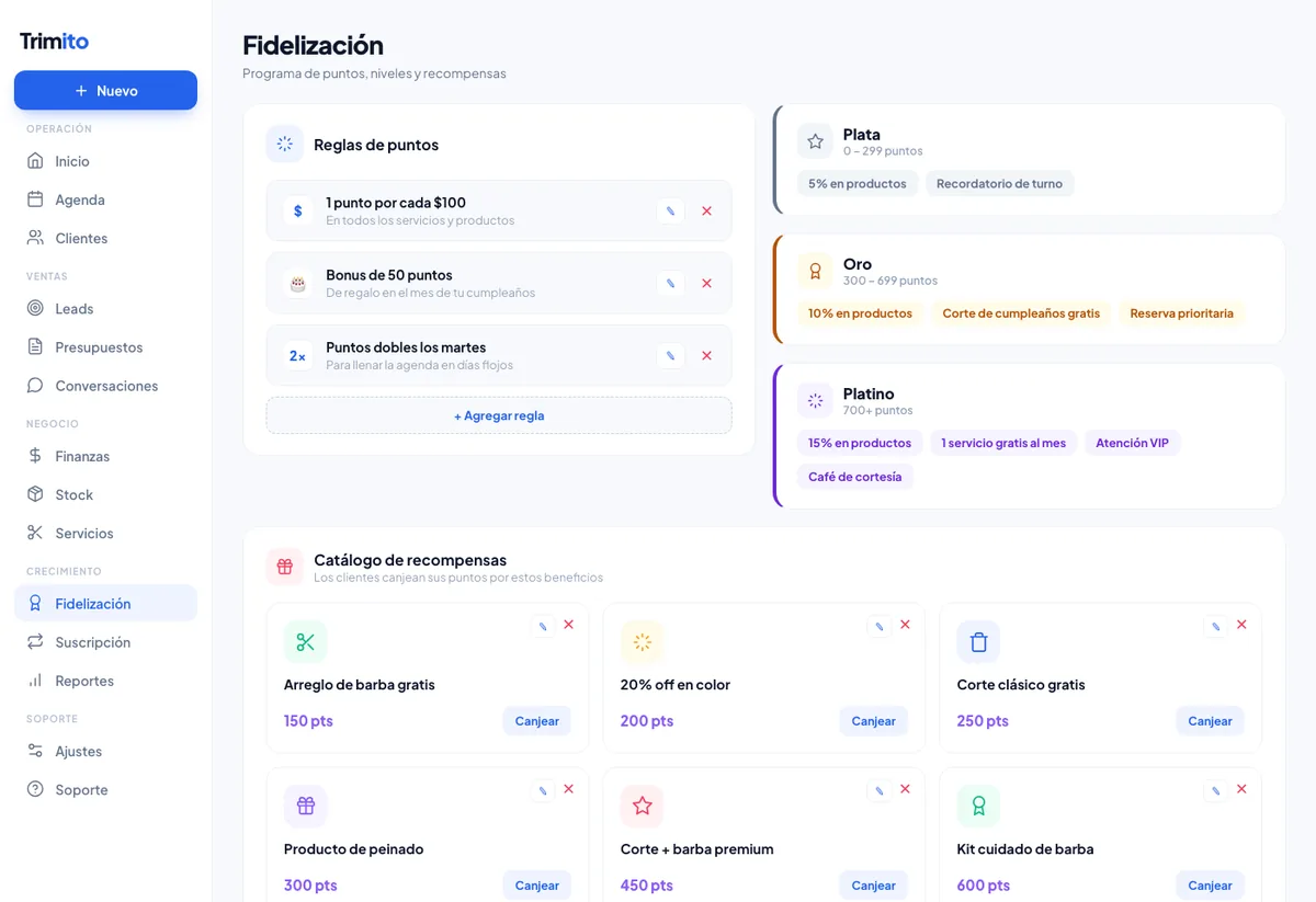 Pantalla de fidelización por puntos de Trimito